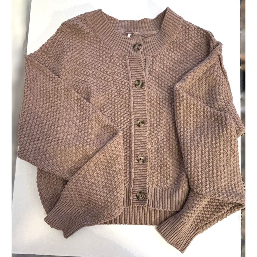 Free People Taupe Chunky Knit Cropped Cardigan Textured Cozycore Grandpacore XL - Picture 2 of 7